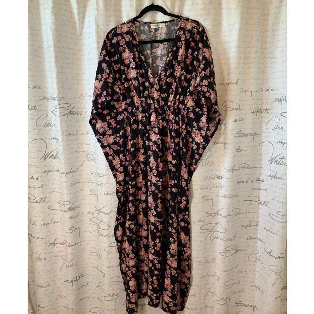 Natural Life Floral Maxi Kaftan Dress S Cotton Boho Cherry Blossom Pink Black - Picture 2 of 4